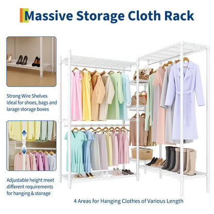 GarveeTech Heavy Duty Garment Rack L Shaped Clothes Rack for Corner,Load 1631LBS,Freestanding Portable Wardrobe Closet with 7 Adjustable Shelves, 4 Hanging Rods for Home,70.5" H x 85.4" L x 17.4" W