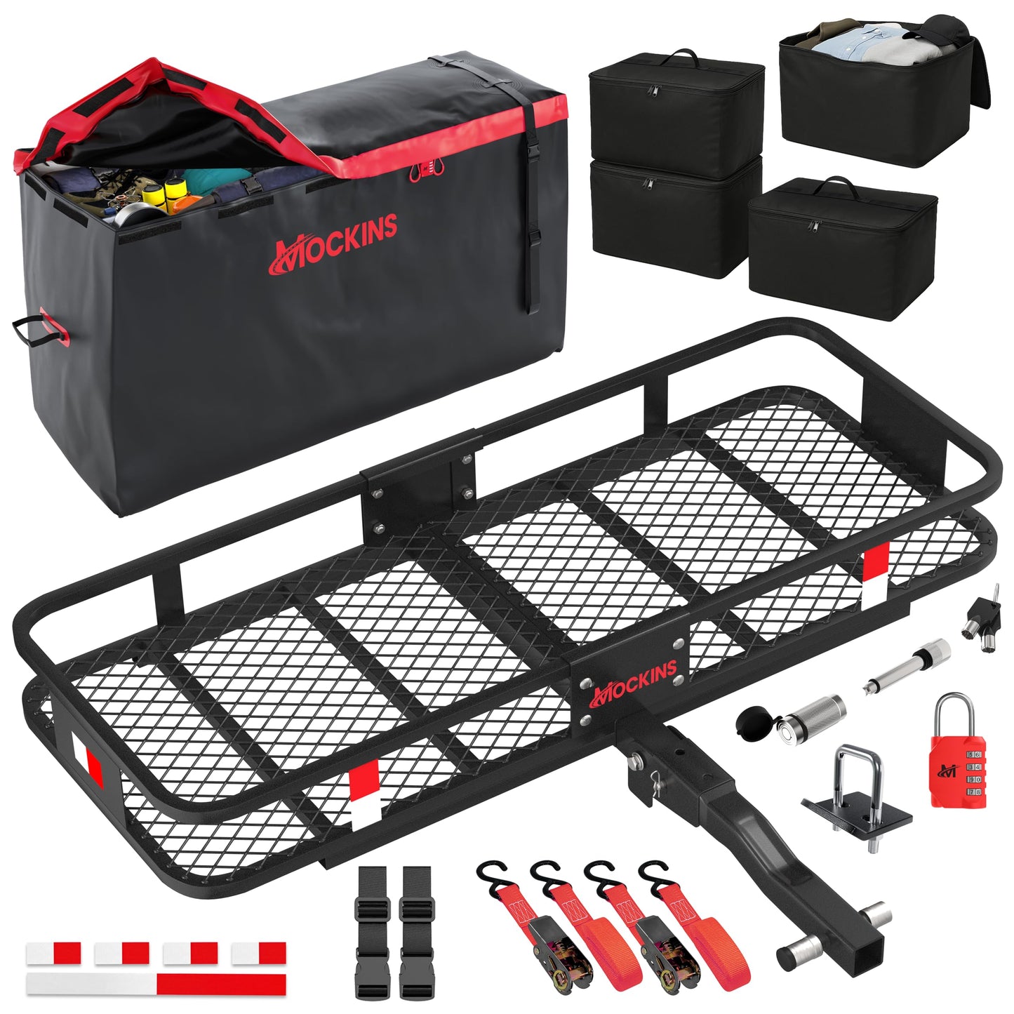 Mockins 48"x18"x6" Folding Trailer Hitch Cargo Carrier & 15 Cu Ft Waterproof Cargo Bag with Packing Cube Set of 4 | Weatherproof 500 Lbs Cap Luggage Rack for SUV Truck Van Car Trailer with Accessories