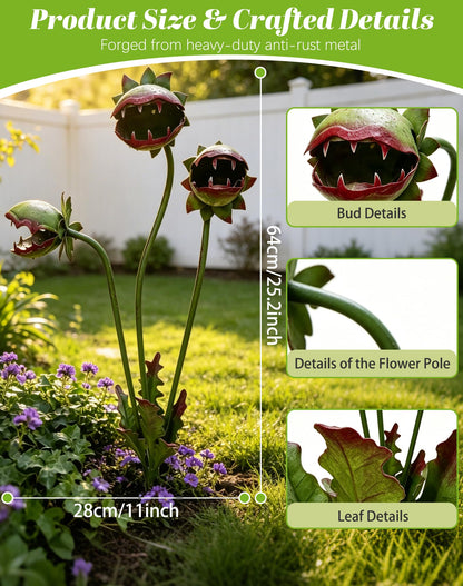 Whimsical Metal Carnivorous Plant Garden Stake, 25-Inch Large Venus Flytrap Monster Plant Sculpture, Durable Yard Art for Flower Beds, Patios & Planters, Unique Quirky Garden Gift
