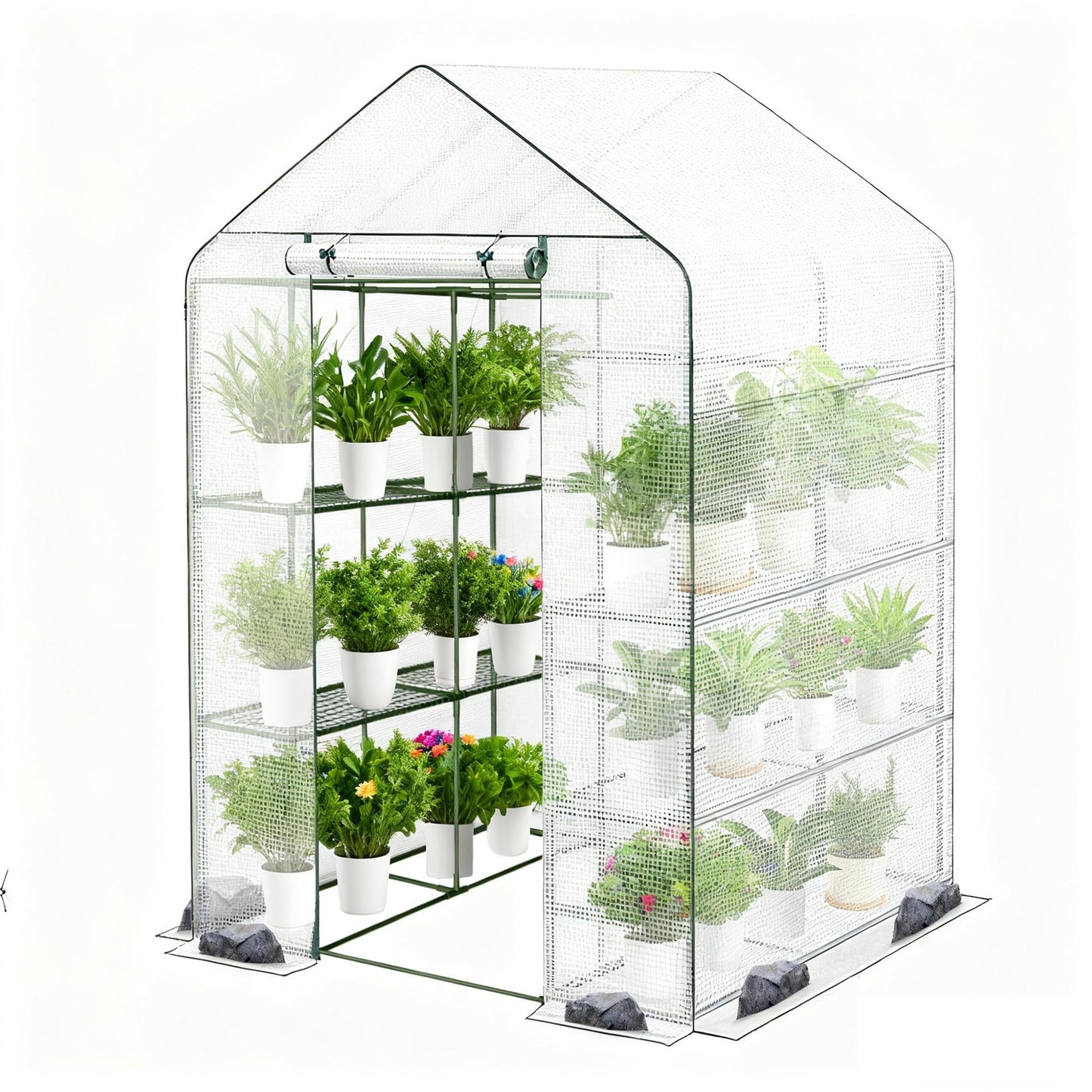 OnlyGarden Greenhouse for Outdoors, Walk in Greenhouse with PE Cover PE-Coated Steel Frame, Large Plant Hot House for Outside, 3 Tier 8 Shelves Portable Green House Winter 48" x 73.2" x 74.8"