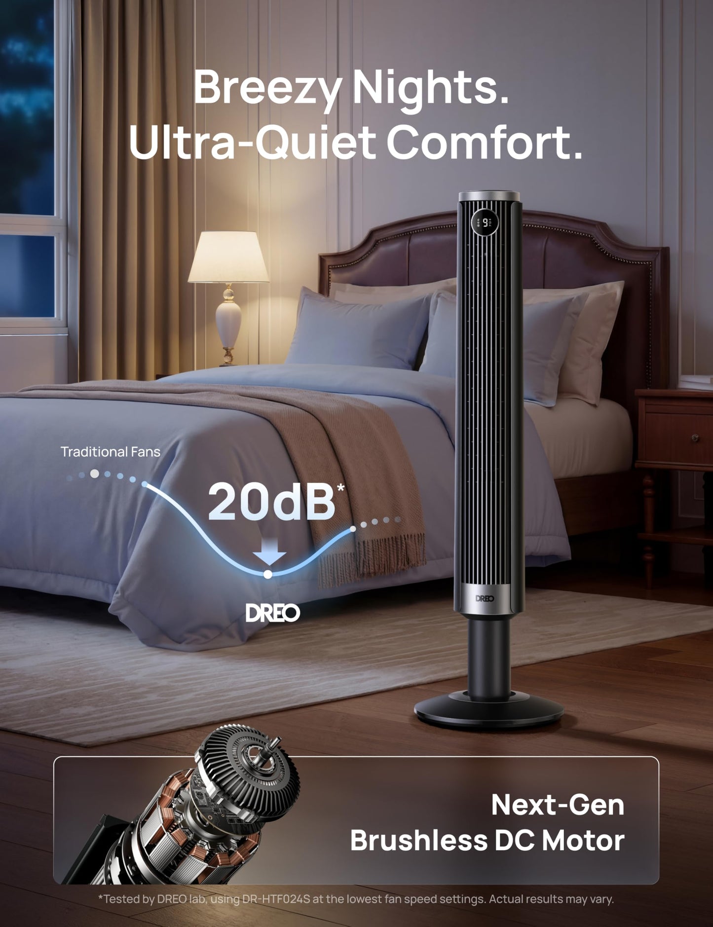 DREO Smart Tower Fan for Bedroom, 40”-45” Adjustable Height, 28 ft/s Velocity, DC Motor, 9 Speeds, 4 Modes, 90°Oscillating, Standing Fan, 20dB Quiet, 12H Timer for Home, Office, Google/Alexa, Black