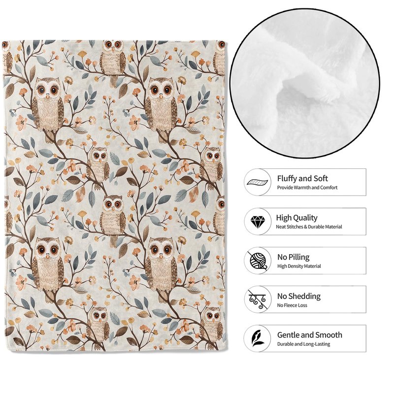 MIEPOS Cute Owl Throw Blanket,50x60in,Soft,Lightweight Flannel,Adorable Cartoon Bird and Branch Blankets - Gifts for Adult & Animal Lovers,for Couch Office Travel,Home Living Room Decor