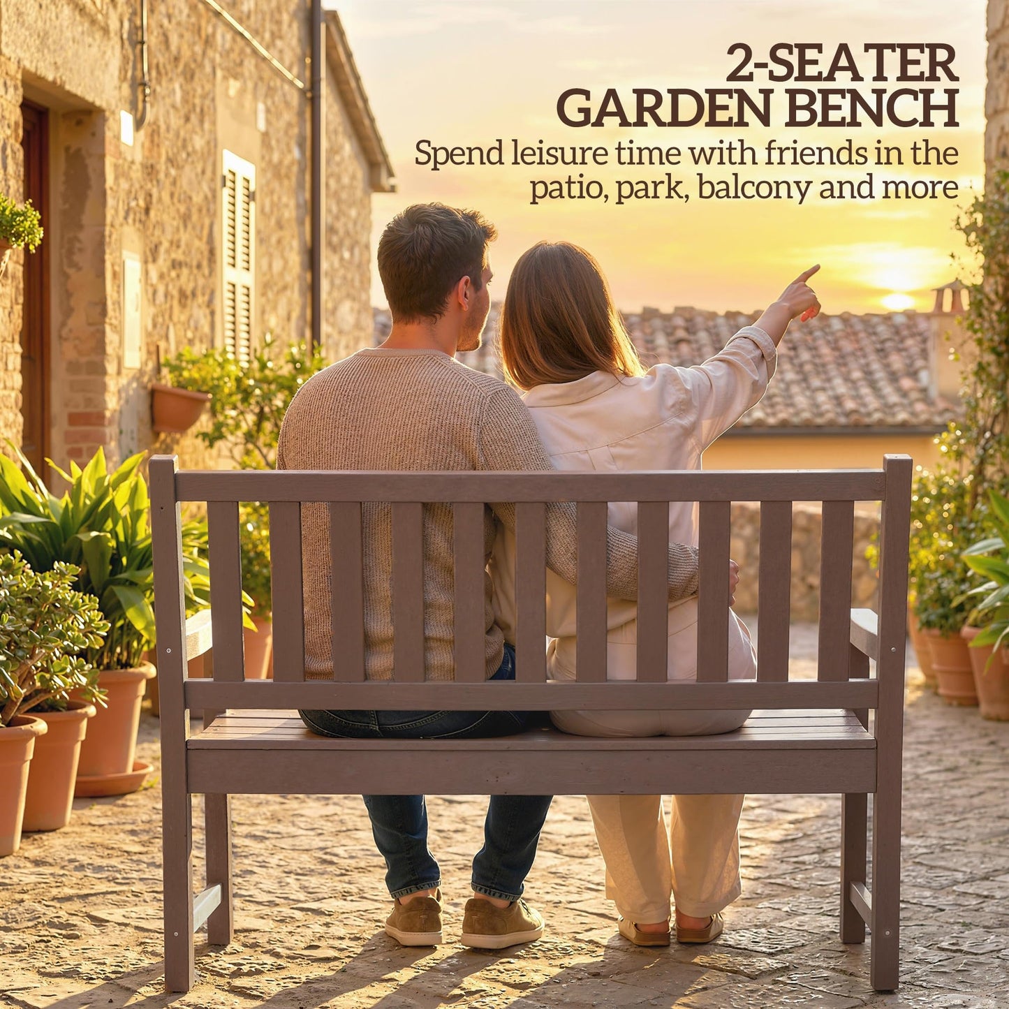 Outsunny Outdoor Bench, 49" All-Weather HDPE Garden Bench, 2-Person Patio Loveseat with 528 lbs Capacity, Curved Seat for Backyard, Park, Porch, Lawn, Park, Brown