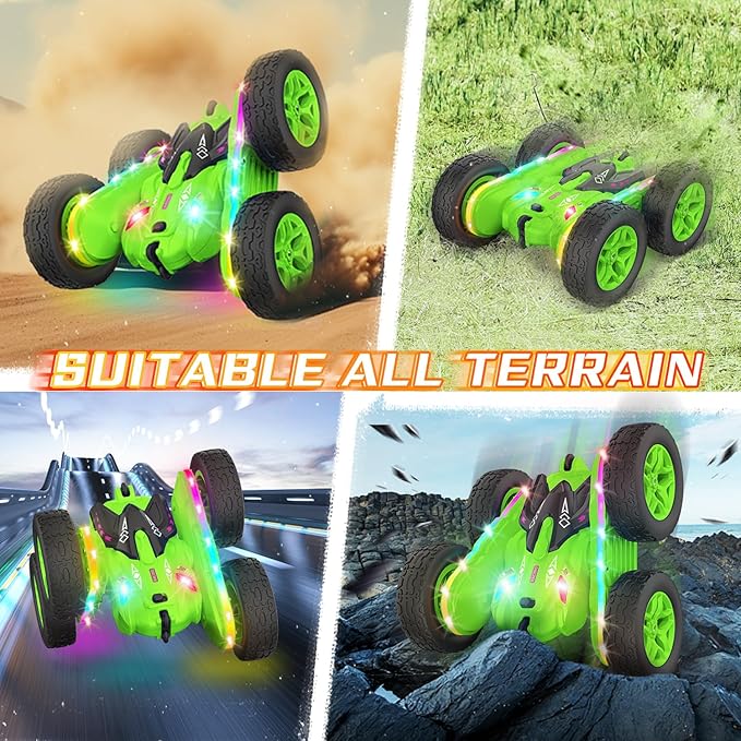 Remote Control Car Rc Cars Stunt RC Car Toys Upgraded Strip Lights and Headlights Kids Toys Double-Sided 360° Rotating 4WD Drift Truck for Boys Girls Birthday Gift (Green)