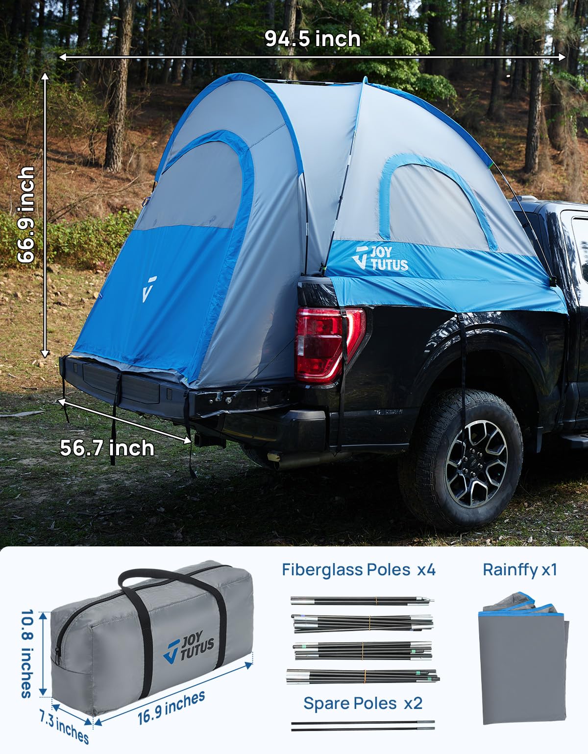 JOYTUTUS Truck Tent, Portable Truck Bed Tent with Rainfly, Truck Tent for 6.0'-6.3' with Fiberglass Pole, Waterproof PU2000mm Double Layer for 2 Person - Blue