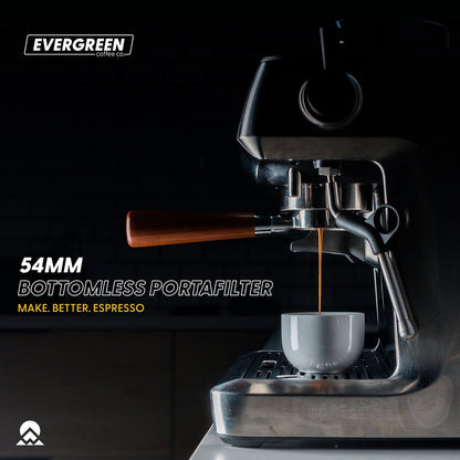 Evergreen Coffee | 54mm Bottomless Naked Portafilter Wood Handle with filter basket + Tamp Mat 304 Stainless Steel. For Breville Barista Express Pro touch, BES870XL, BES870BSXL, BES78VSS, BES880BSS