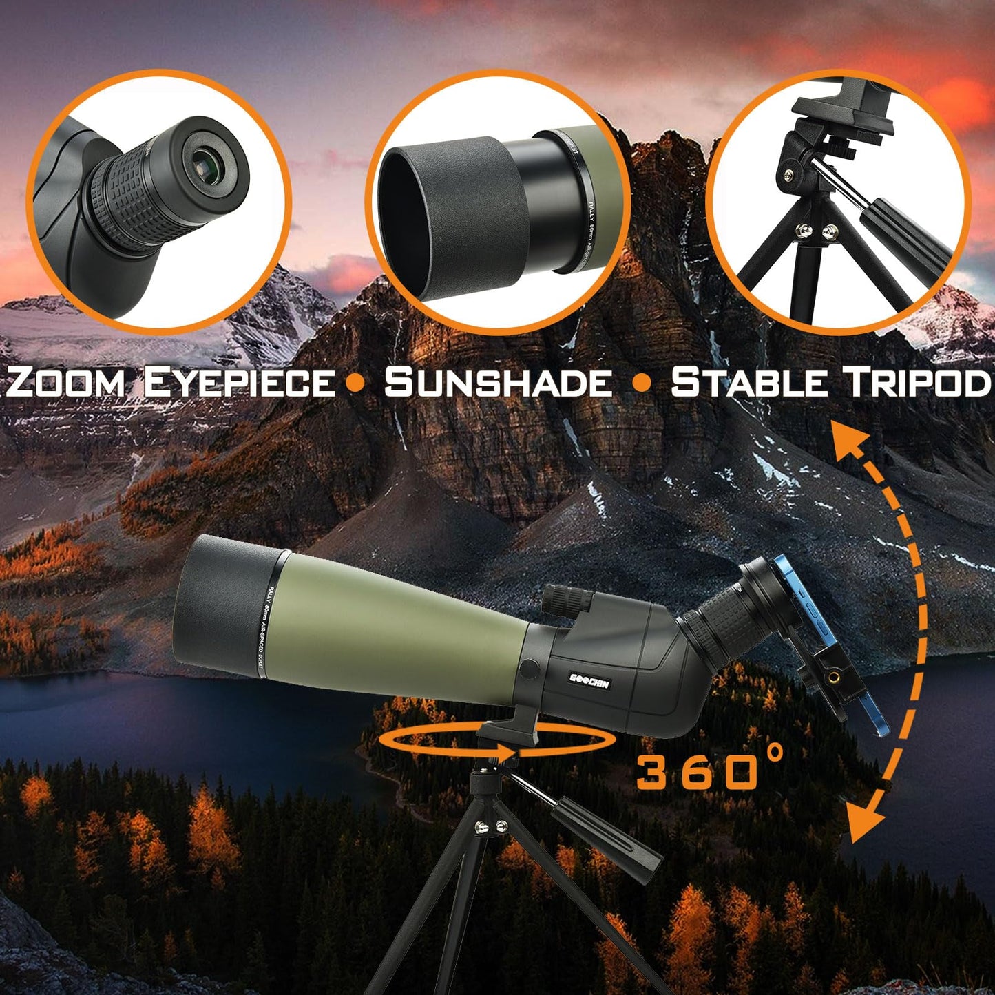 GOOCHIN 25-75X80 Spotting Scopes, HD Spotter Scope for Target Shooting, BAK4 Prism with Tripod, Smartphone Adapter, Waterproof Spotting Scope for Bird Watching Hunting Wildlife Viewing
