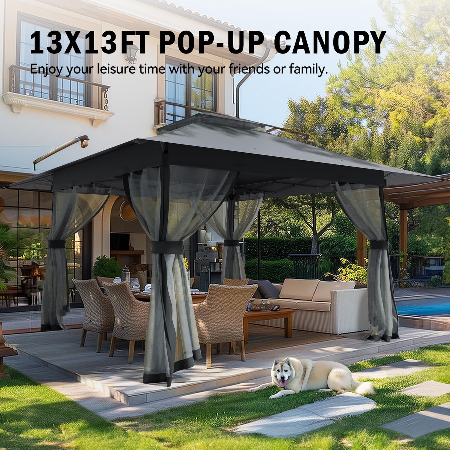 13x13 Outdoor Patio Gazebo with Mosquito Nettings - Double Roof Pop Up Canopy Tent with Wheeled Carry Bag, for Backyard Deck Lawns Garden (Gray, 13X13)