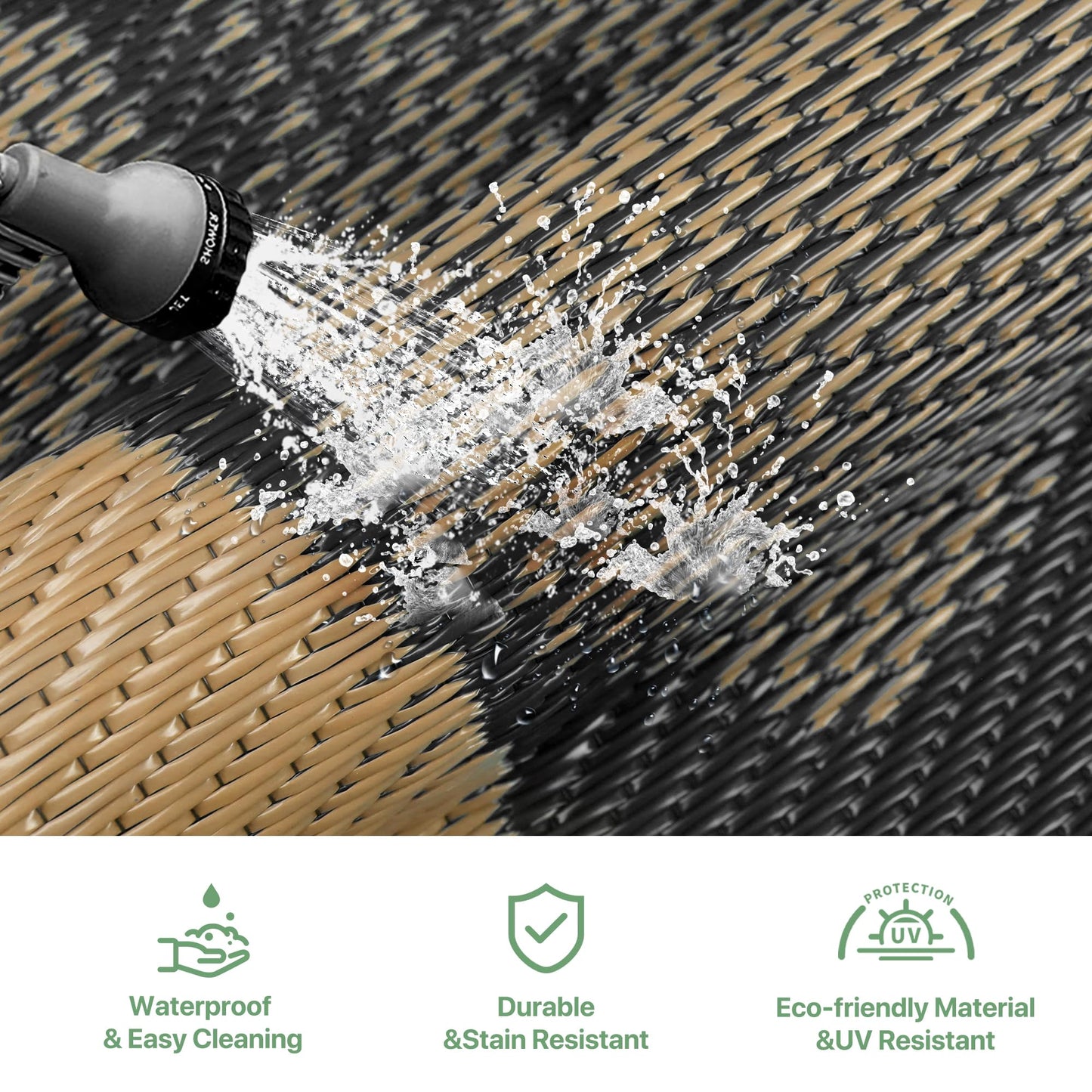 GENIMO Outdoor Rug Waterproof for Patio Decor, 10' x 20' Reversible Plastic Straw Floral Camping Carpet, Large Area Rugs Mats for RV, Camper, Deck, Balcony, Porch, Beach, Picnic, Black & Brown