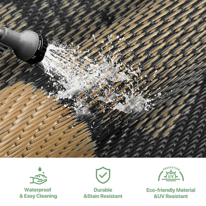 GENIMO Outdoor Rug Waterproof for Patio Decor, 10' x 20' Reversible Plastic Straw Floral Camping Carpet, Large Area Rugs Mats for RV, Camper, Deck, Balcony, Porch, Beach, Picnic, Black & Brown