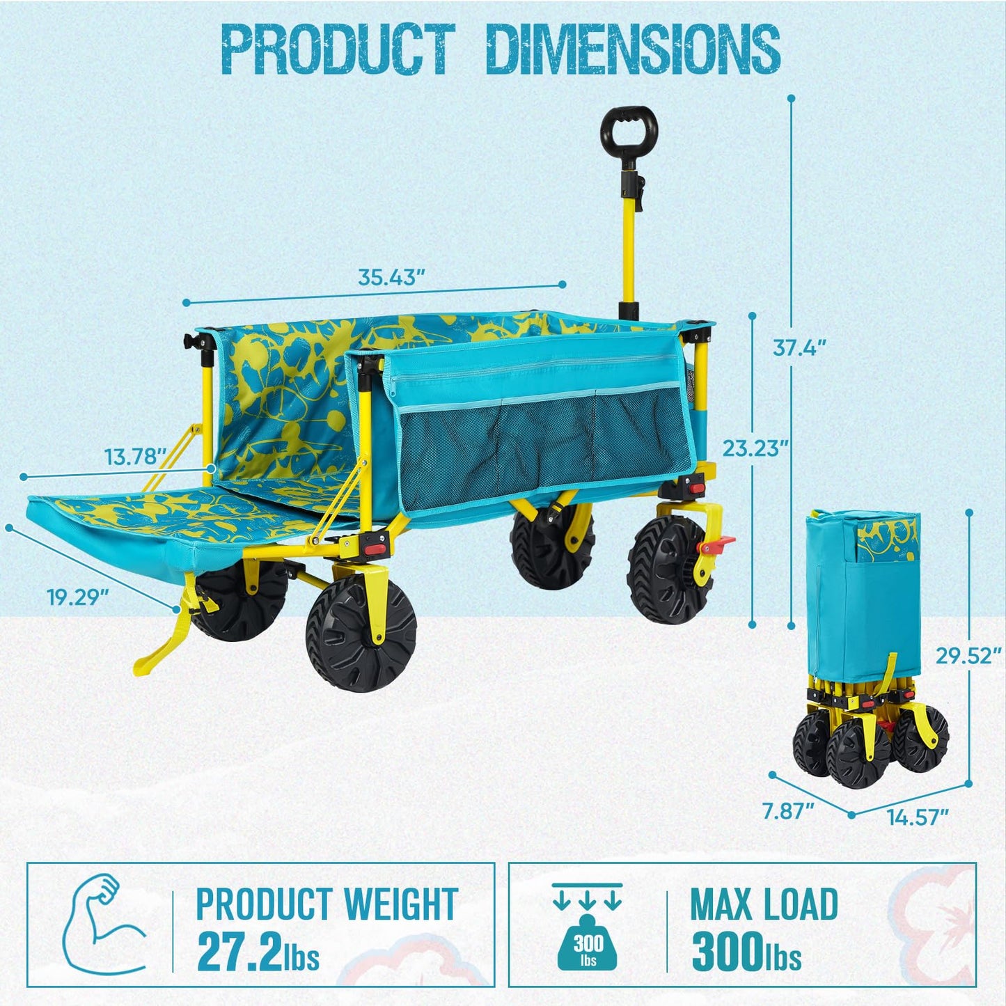 Old Bahama Bay 300lbs Extra Long 49" L Beach Wagon with Big Wheels with Brake for Sand, Collapsible Utility Beach Cart Heavy Duty Folding Wagon,Ideal for Outdoor Sand Camping Garden Pet