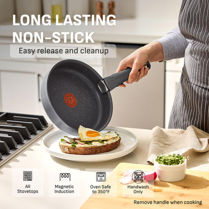 T-fal Ingenio Essentials Cookware Set with Detachable/Removable Handle 11 Piece, Granite Titanium Non Stick, Induction, Oven Broiler Safe 500F, Stackable, Pots and Pans Set, RV Camping, Fry Pans Gray