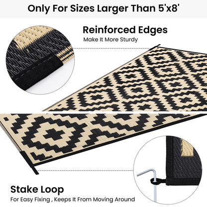 Smiry Waterproof Outdoor Rug 9X18 ft, Reversible Plastic Straw Patio Camping Rugs, Outdoor Indoor RV Mat Carpet for Patio, Outside Entry, Backyard, Deck, Bench, Picnic, Camper, Black & Beige