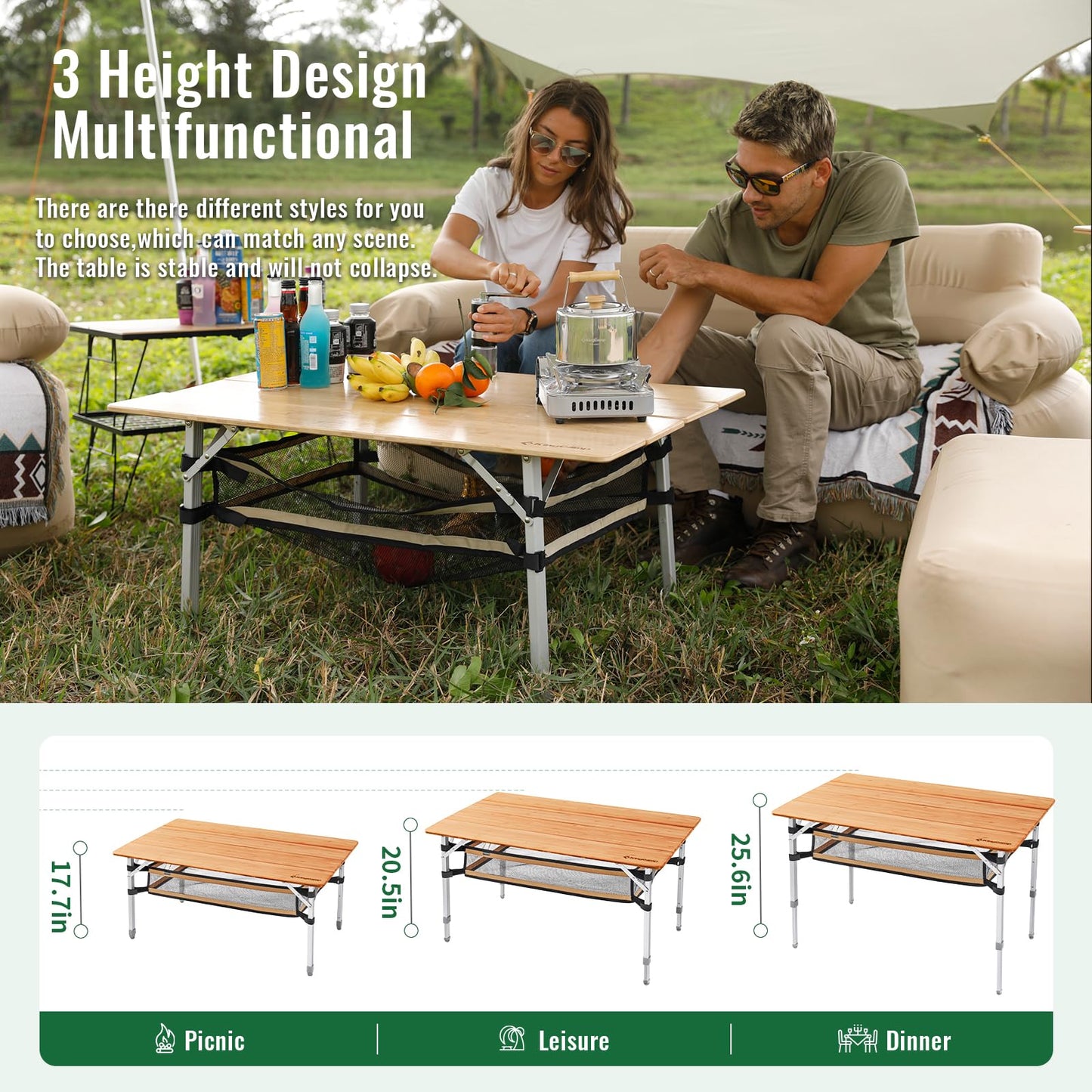 KingCamp Bamboo Folding Camping Table Adjustable. Supports 176lbs with A Premium Bamboo Top and 3 Adjustable Heights, Ideal for Stable Dining or Cooking at Picnics, RVs, and Glamping Sites