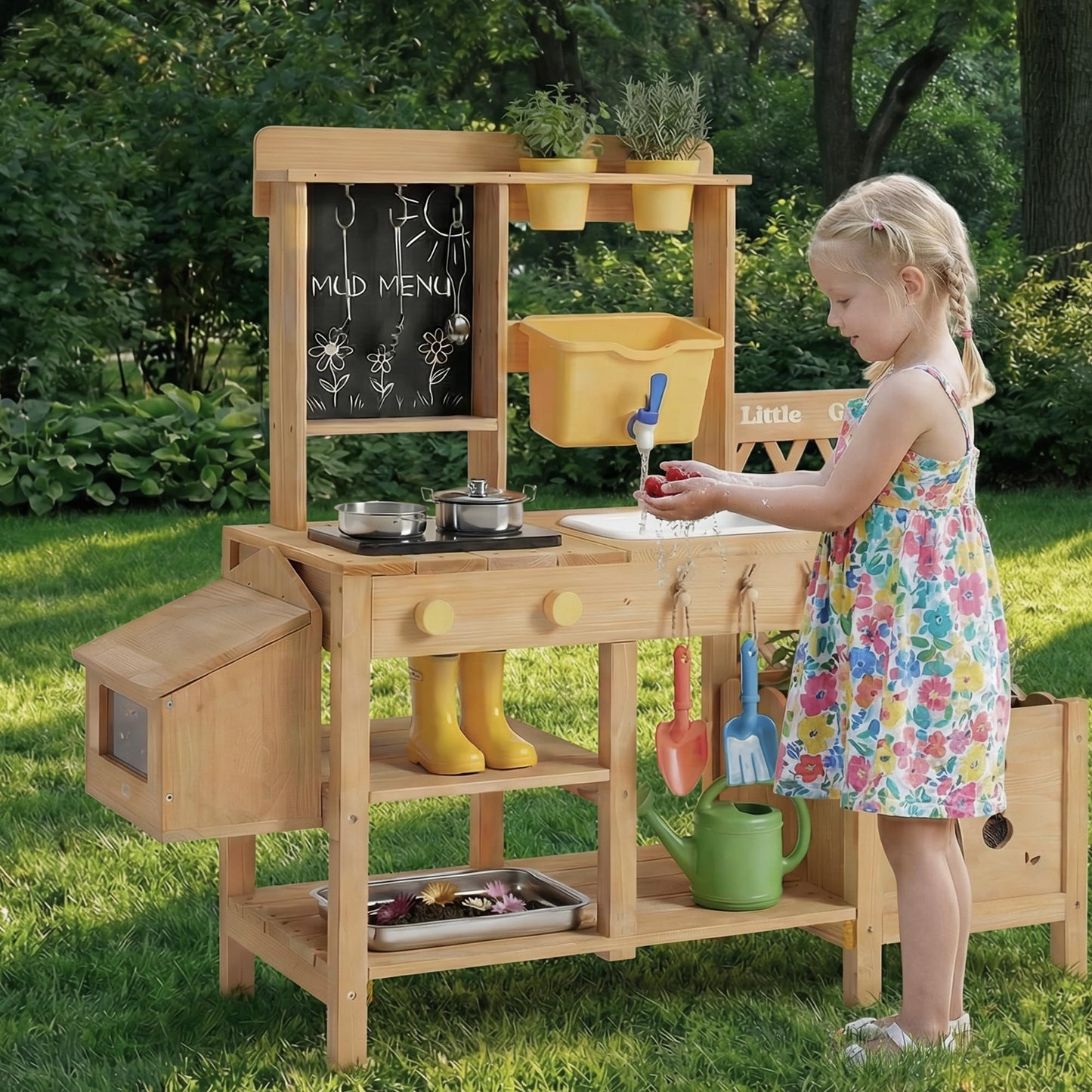 Wooden Mud Kitchen for Kids, Outdoor Play Kitchen with Real Running Water Sink, Mud Table, Gravity Water Tank, Planting Box, Critter Observation Box, 12-Pc Accessory Kit, Toddler Gift, Age 3+