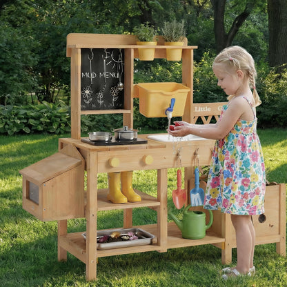 Wooden Mud Kitchen for Kids, Outdoor Play Kitchen with Real Running Water Sink, Mud Table, Gravity Water Tank, Planting Box, Critter Observation Box, 12-Pc Accessory Kit, Toddler Gift, Age 3+