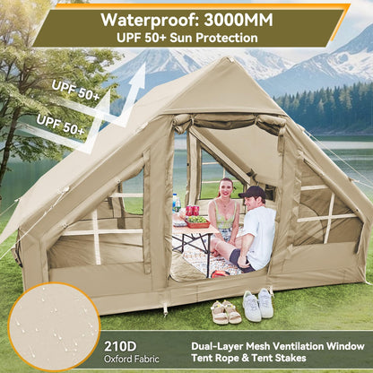 4-6 Person Inflatable Tents for Camping, Easy Blow Up Tent with Electric Pump, 4 Seasons Waterproof Air Inflatable Camping Tent House for Family Camping，Beige