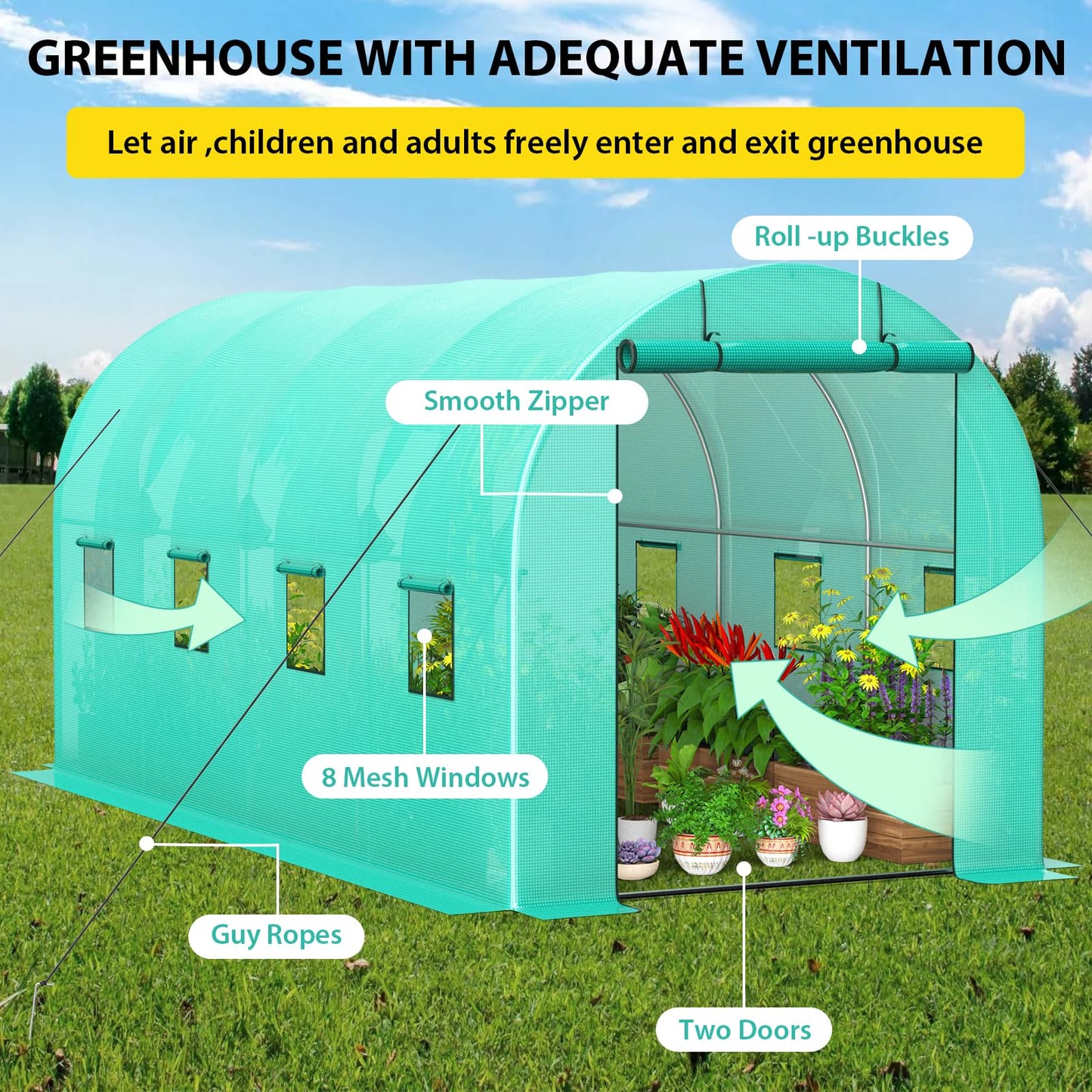 ChicCoutured 15x7x7 ft Walk-in Tunnel Greenhouse with Galvanized Steel Frame & 8 Mesh Windows, Weather-Resistant Outdoor Plant Hot House for Vegetables, Green PE Cover & 2 Roll-Up Zipper Doors