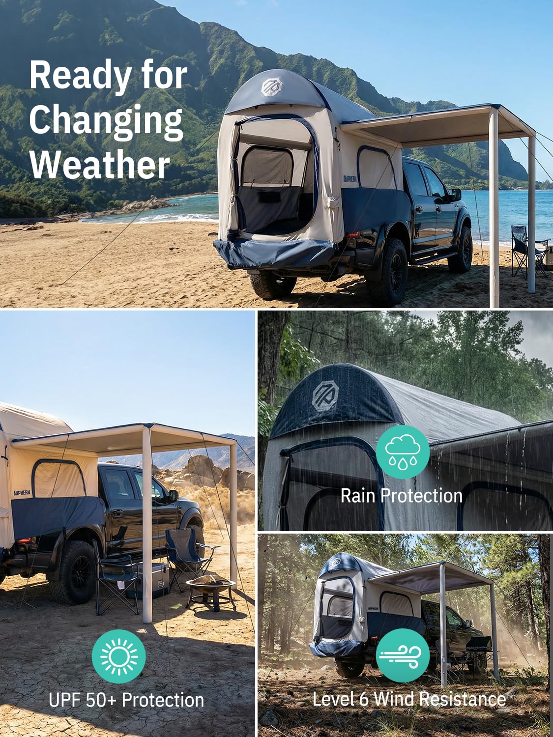 Niphean Inflatable Truck Bed Tent with Zipper-Connect Rv Awning, 3-Min Setup Camping System for 5.5–8ft Truck Tent, Waterproof PU3000mm + UV50+ Side Shade, 2+1 Person Overland Shelter