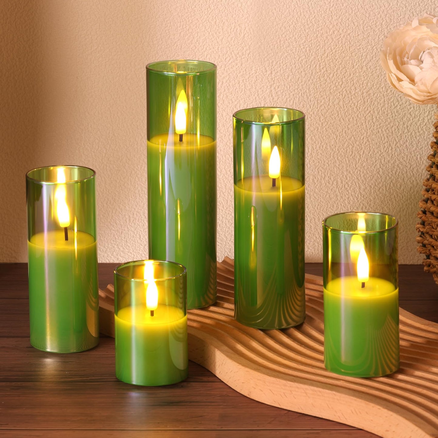 Girimax Green Glass Flameless Pillar Candles with Remote Batteries, Flickering Slim Tall LED Wax Candles Set of 5