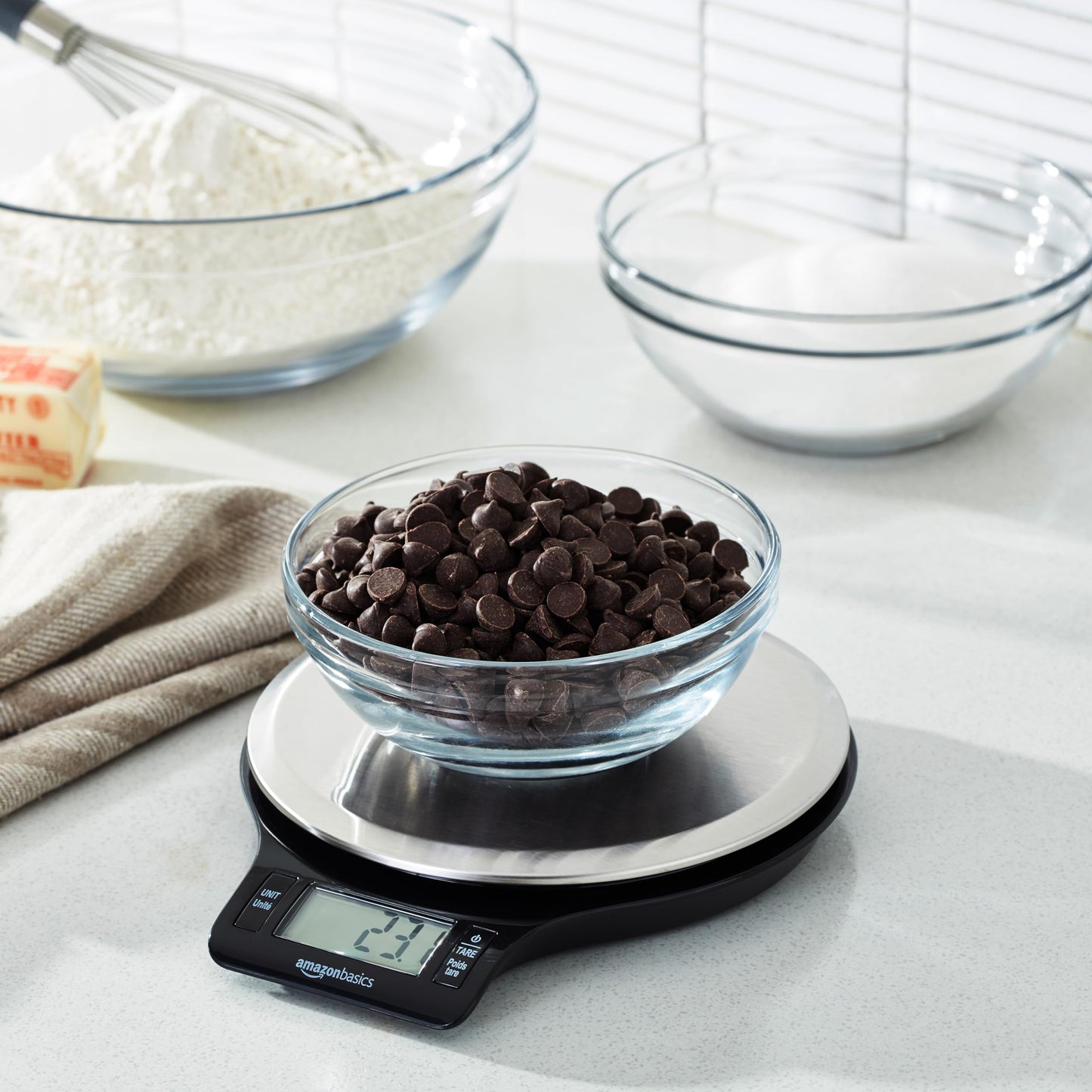Amazon Basics Digital Kitchen Scale with LCD Display, Batteries Included, Weighs up to 4.9 kgs, Black and Stainless Steel