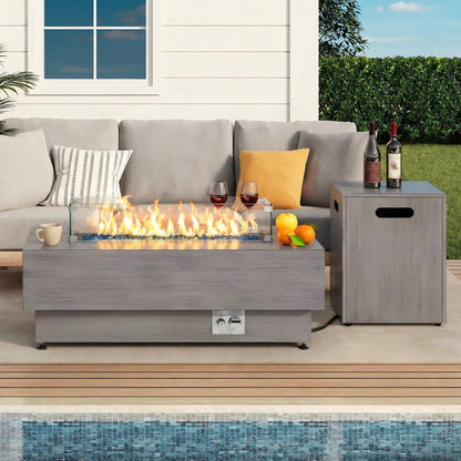 IRONCK 43-inch Outdoor Propane Fire Pit Table w Tank Table, CSA Certified, 2 in 1 Rectangular Patio Fire Pit w Glass Rocks, Wind Guard and Cover, 50000 BTU Outside Heater for Pool, Vintage Gray