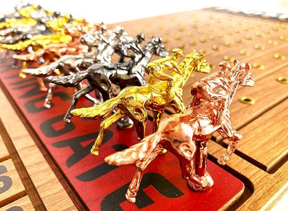 Horse Racing Game for Adults Horse Race Board Game with 11 Luxurious Metal Horses (Gold Silver Black Rose Gold) 22” Cherry Wood Horse Race Game Board Dice &amp RoseGoldCard Included (Cherry)