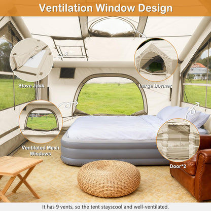 SANHOVO Inflatable Tents for Camping - Easy Blow Up Glamping Tent with Hand Pump, Hot Tent with Stove Jack Waterproof PVC Air Inflatable Tent House for Family Weekend Camping 4-6 Person 4 Season