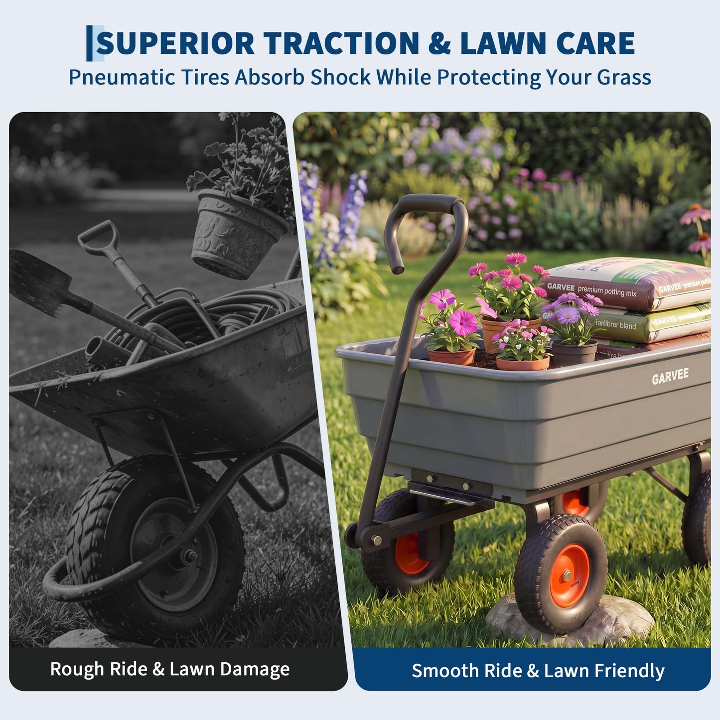 GarveeLife Poly Garden Dump Cart, 600 lb Wheelbarrow Yard Cart with 10 in Wheels, Quick-Dump & Towable Utility Wagon for Yard, Soil, Rocks（Gray）