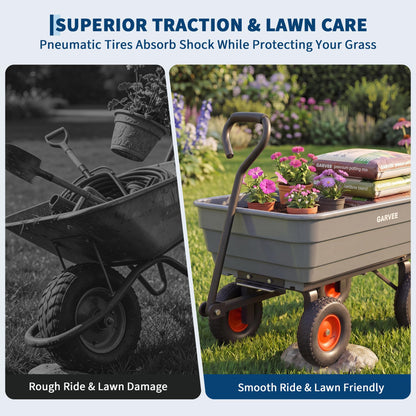GarveeLife Poly Garden Dump Cart, 600 lb Wheelbarrow Yard Cart with 10 in Wheels, Quick-Dump & Towable Utility Wagon for Yard, Soil, Rocks（Gray）