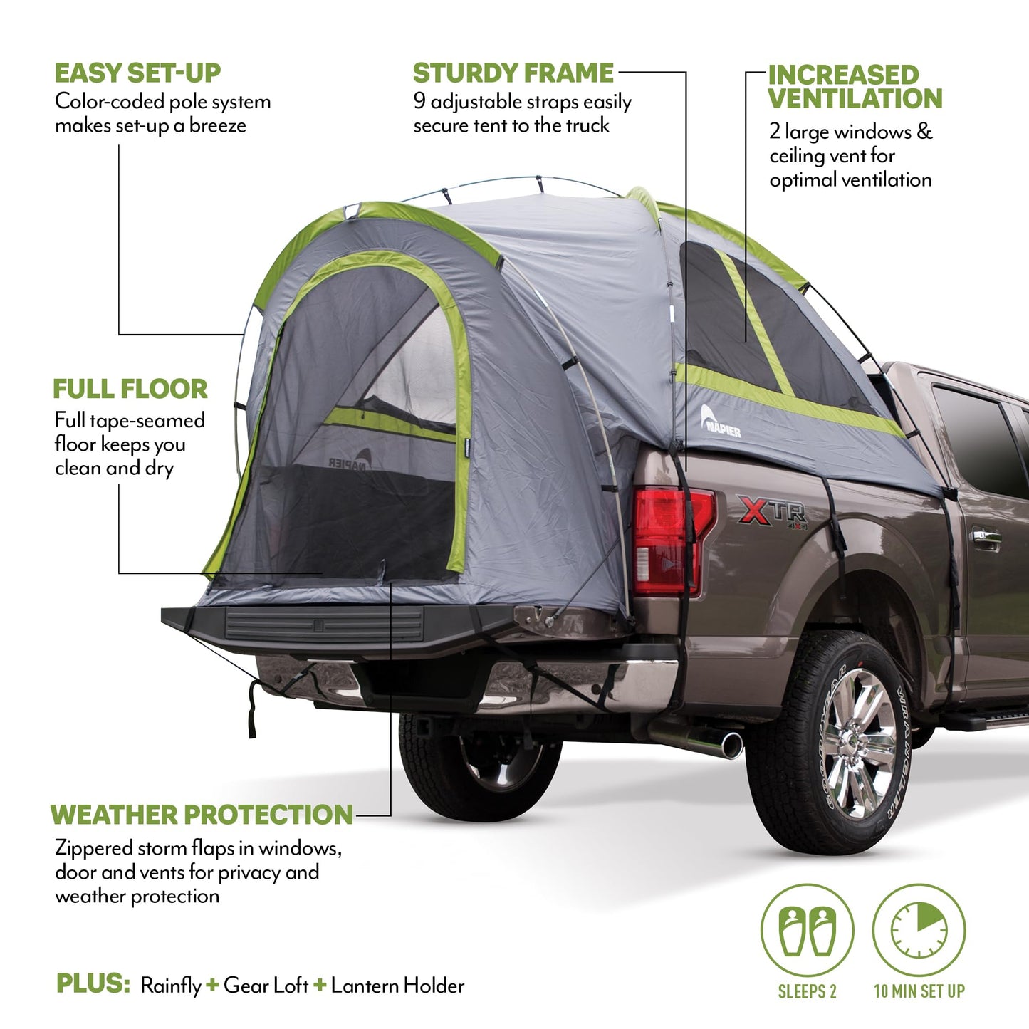 Napier Backroadz Truck Tent | Pickup Truck Bed Camping Tent | Rainfly for Water Protection | Sturdy and Spacious 2-Person Tent | Easy 10-Minute Setup
