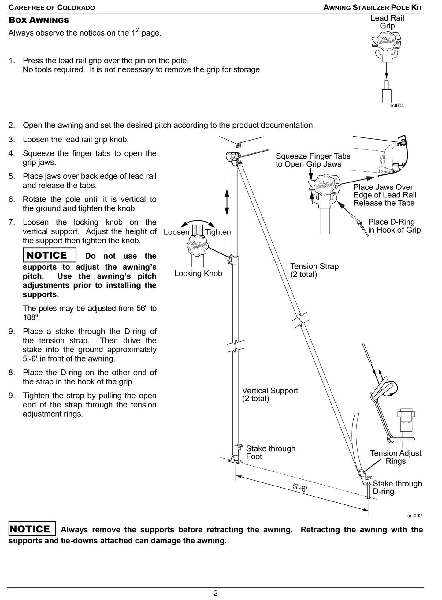 Carefree Of Colorado HD Awning Stabiliz'r Pole Kit - Awning Pole & Tie Down Kit - RV Awning Support & Accessories (108" Extended Length)