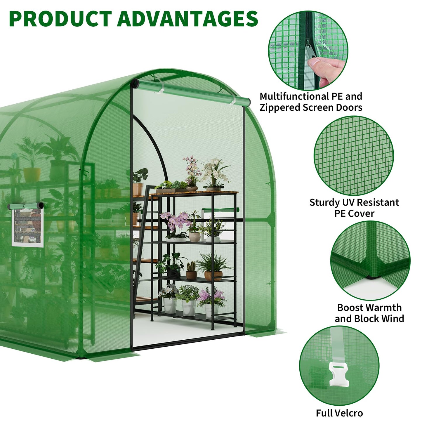 GarveeHome 6.6X8.2x6.6 Tunnel Greenhouses, Heavy Duty Walk-in Greenhouse for Outdoors with PE Cover, Instant Pop-Up Sturdy Metal Frame Hoop House with Zippered Roll-Up Door &4 Ventilated Mesh Windows
