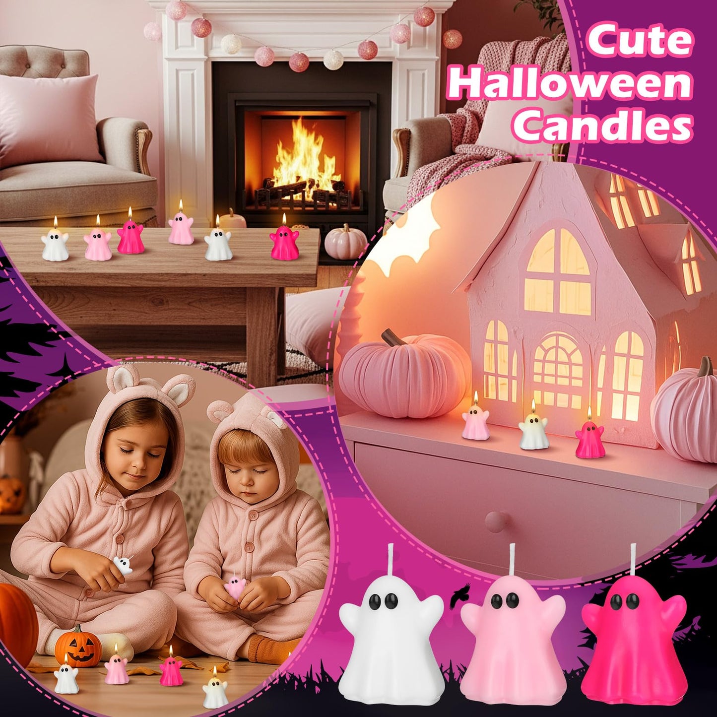 DoubleFill 12 Pcs Pink Halloween Ghost Candles Cute Burning Unscented Wax Candles Hot Pink Ghost Spooky Decor for Halloween Holidays Party Bedroom Table Decorations