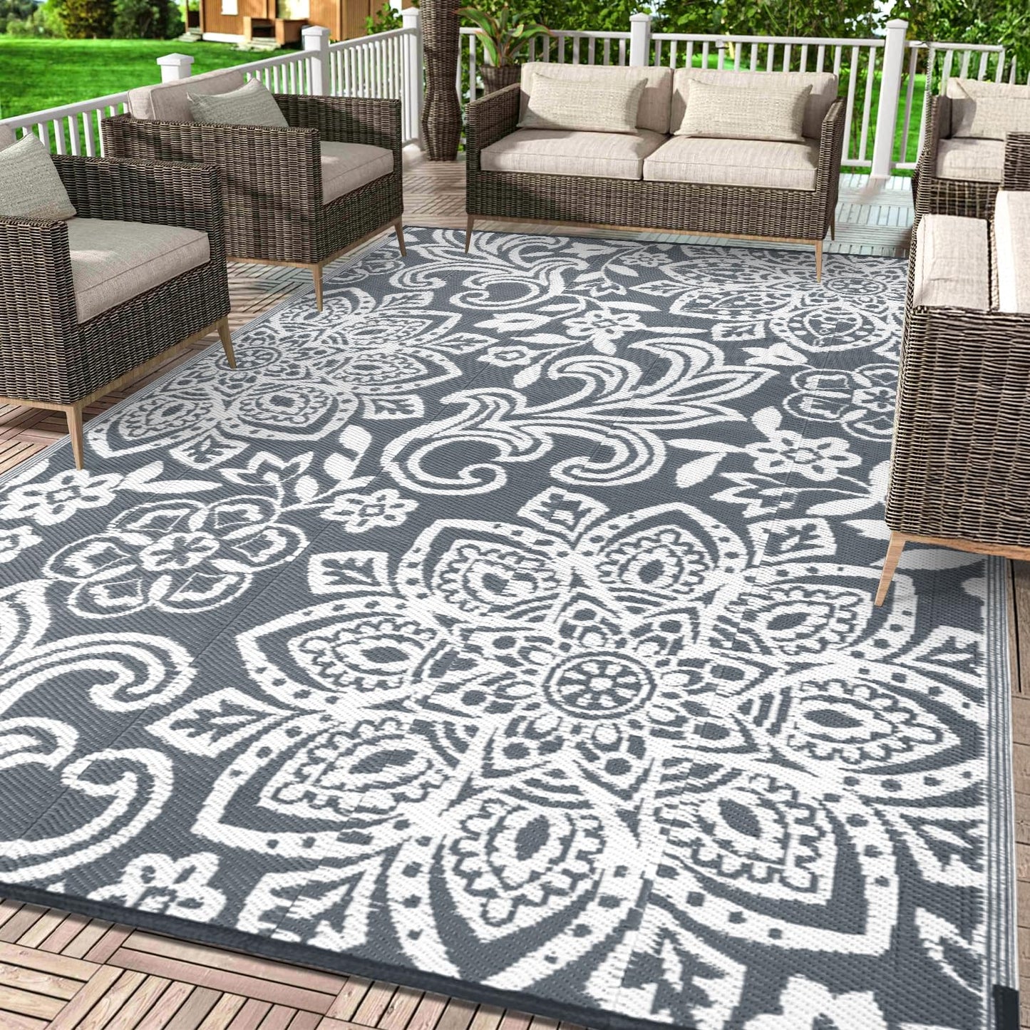 Findosom Waterproof Outdoor Rug 9' x 18' - Reversible Mandala Outdoor Plastic Straw Rug, Durable Foldable Patio Rug for RV, Deck, Balcony, Backyard, Picnic, Porch, Camping, Beach, Gray