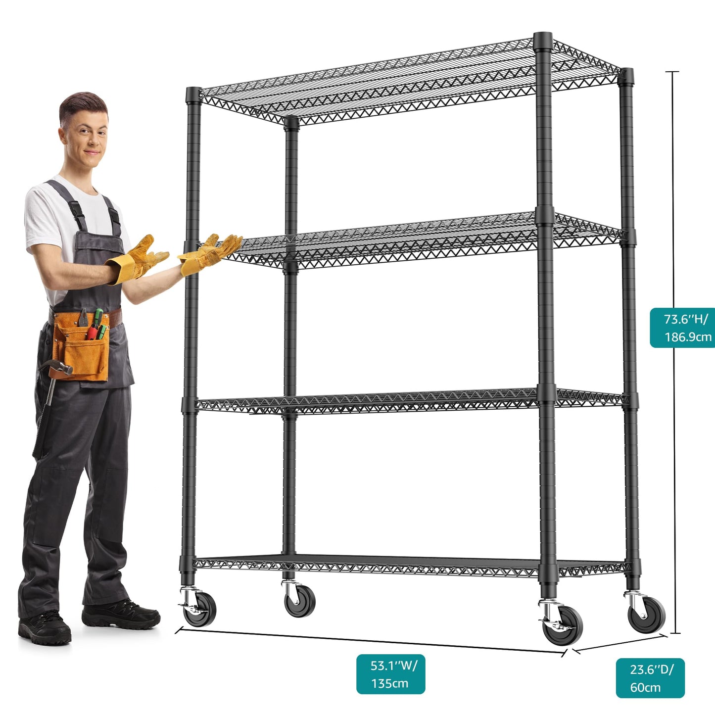 M MZG 2640LBS 53.1" W 4 Tiers Shelf Steel Storage Shelves Shelving Unit Steel Organizer Wire Rack for Home,Kitchen,Office,Garage Black 23.6" D x 53.1" W x 73.6" H