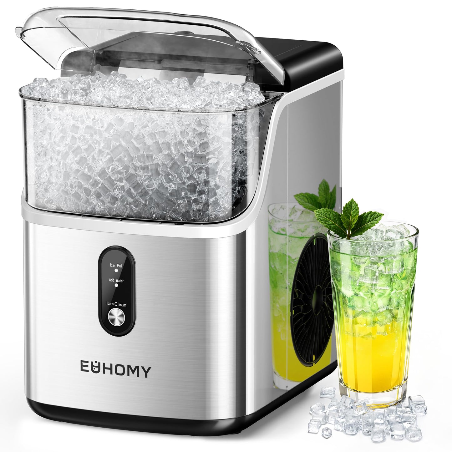 EUHOMY Nugget Ice Makers Countertop, Pebble Ice Maker Machine with 34lbs/24H Soft Ice, Self-Cleaning Sonic Ice Maker with Ice Scoop&Basket, Pellet Ice Maker for Home/Kitchen/Office(Stainless Steels)