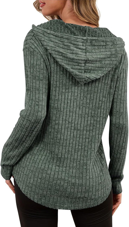 Lylinan Womens Cozy Knit Sweaters Hoodies Ribbed V Neck Pullover Sweatshirts for Fall Outfits S-XXL