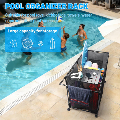 Arejonner 152Gal Pool Storage Organizer with Tabletop,Towel Bar,Zipper Doors,360° Rotating Wheels,Weather-Resistant,Easy Assembly,for Indoor Outdoor,Pool,Patio,Beach (M Size)