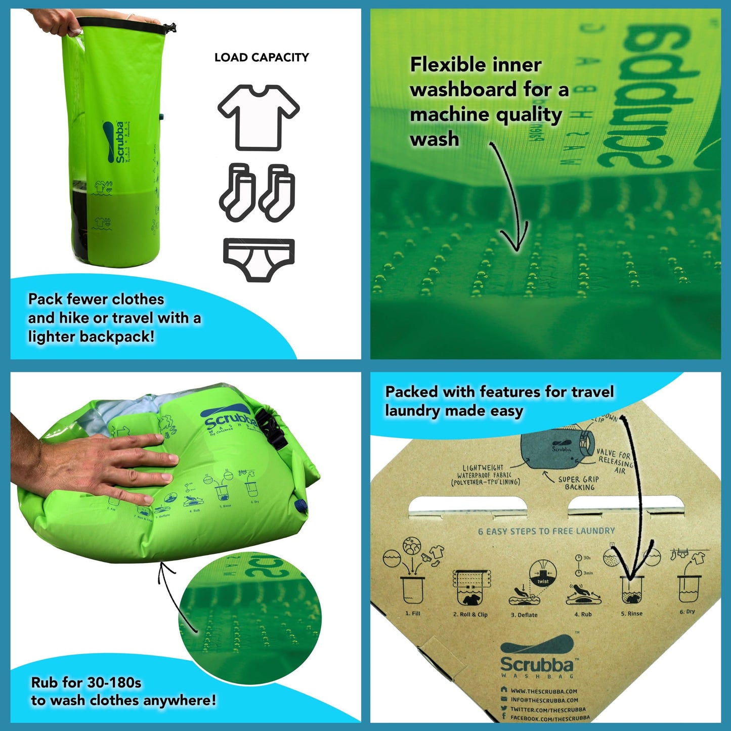 Scrubba Portable Wash Bag Untouched Kit (5 Pieces) – White Undyed, Unbleached, Hand Washing Machine System for Hotel, Hiking & Travel Wash – Light and Small Eco-friendly Camping Washer and Dryer