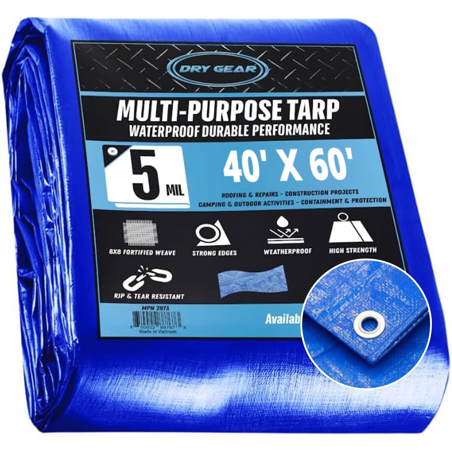 Dry Gear Tarps 40x60 Blue Tarp Waterproof – 5 MIL Thick Tarpaulin Outdoor Cover - Multipurpose Protection Poly Tarp for Camping, Tent, Roof, Patio, Pool, Floor, Furniture, Boat, Truck Beds, Pack of 1