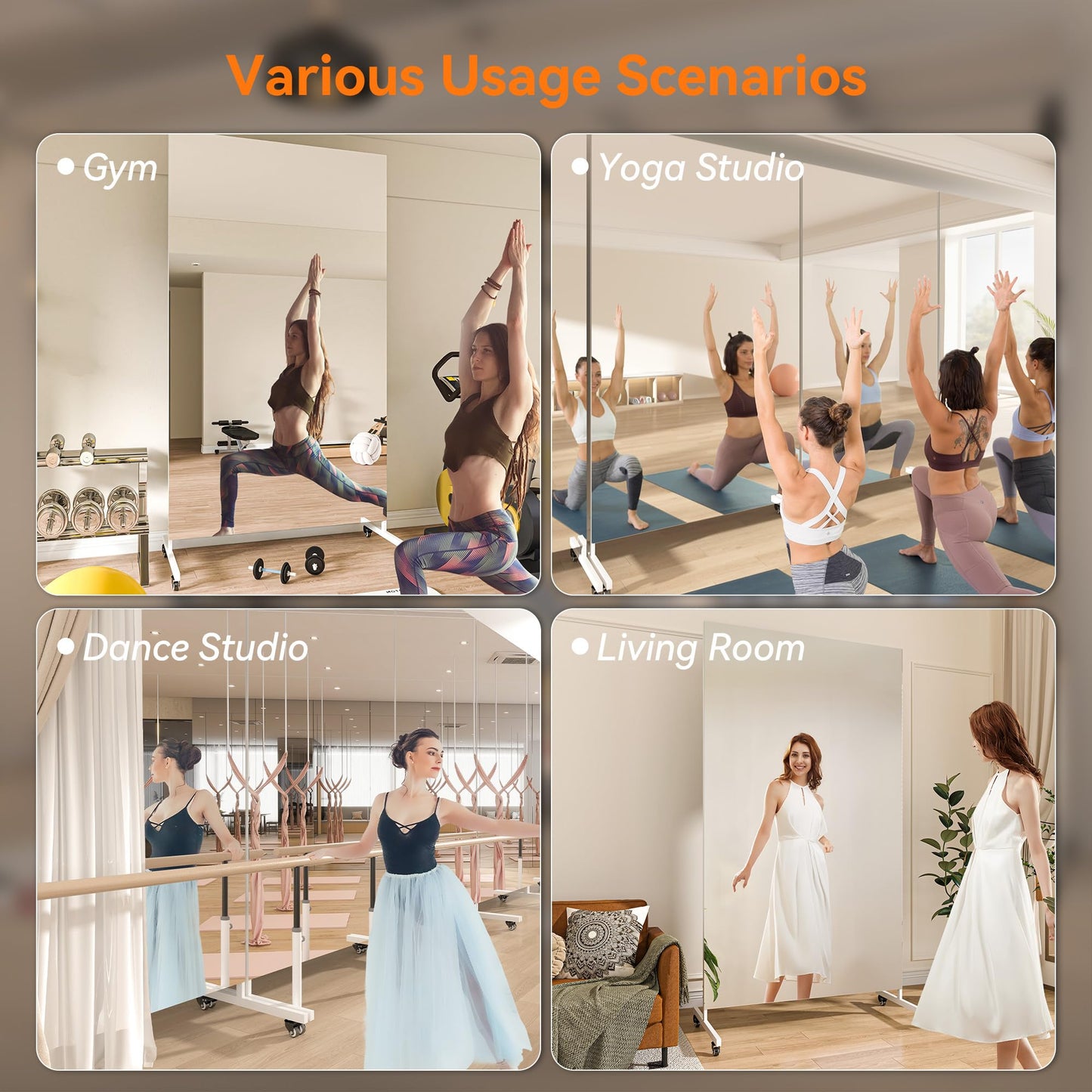 Hasipu Home Gym Mirror 360° Swivel on Wheels, 67" x 40" Extra Large Full Body Rolling and Tempered Glass Easy to Move Full Length Mirror for Yoga Studio, Bedroom, Dancing Studio, White