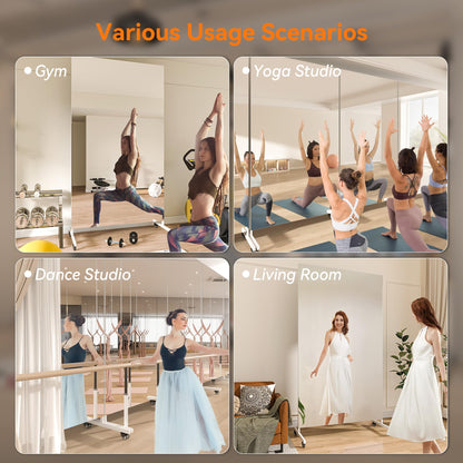 Hasipu Home Gym Mirror 360° Swivel on Wheels, 67" x 40" Extra Large Full Body Rolling and Tempered Glass Easy to Move Full Length Mirror for Yoga Studio, Bedroom, Dancing Studio, White