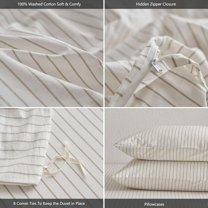 MooMee Striped Duvet Cover Set - 100% Washed Cotton, Soft & Breathable | Queen Size (White & Grey Stripes)