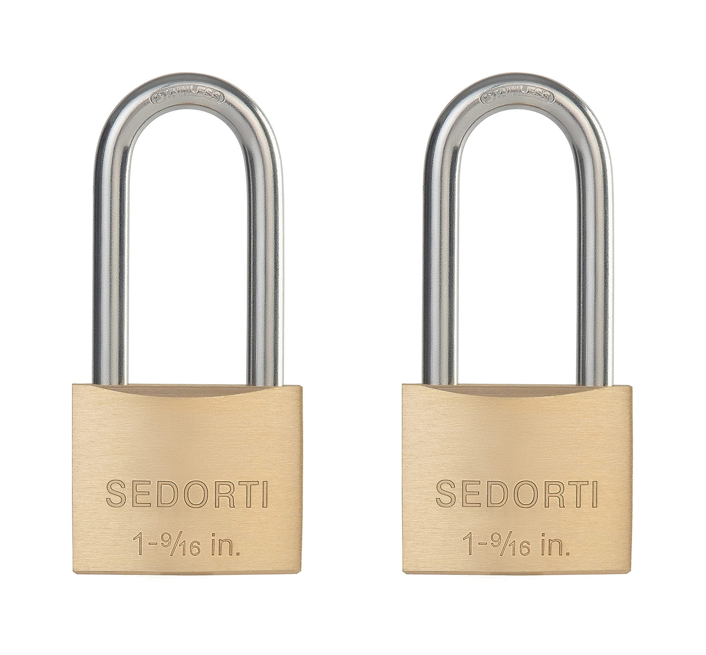 SEDORTI Weatherproof Padlock with Stainless Steel 304 Long Shackle and Solid Brass Body, 1-9/16 in. Wide, 2 Padlocks Keyed Alike, Marine Grade Rustproof Lock for Outdoors Use YNBSP240
