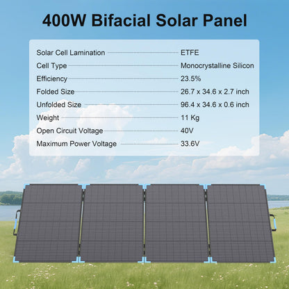 E-POWO 400W Bifacial Portable Solar Panel for Power Station, 23.5% High Efficiency ETFE Foldable Solar Charger for Camping Essentials,IP68 Waterproof 3 Reinforced Kickstands for RV Off-Grid Blackouts