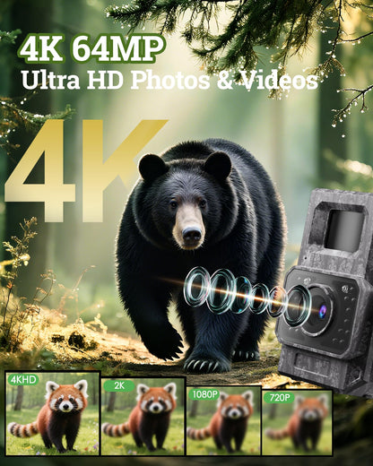 MAXDONE Solar Trail Camera WiFi Bluetooth 2 Pack - 4K 64MP Game Camera with Night Vision Motion Activated, Deer Camera with Built-in Battery Rechargeable Power, Trail Cam Wildlife Cameras IP66