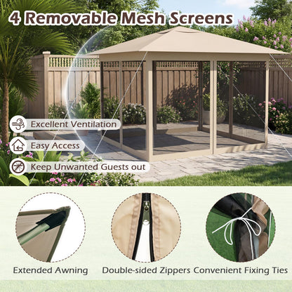 Happygrill 11.5 X 11.5 FT Pop-up Canopy Tent, One-Person Easy Setup Outdoor Screen Gazebo w/Mesh Netting, Vented Top, 4 Doors, Carry Bag, Portable Heavy-Duty Sun Shelter for Party Picnic (Beige)