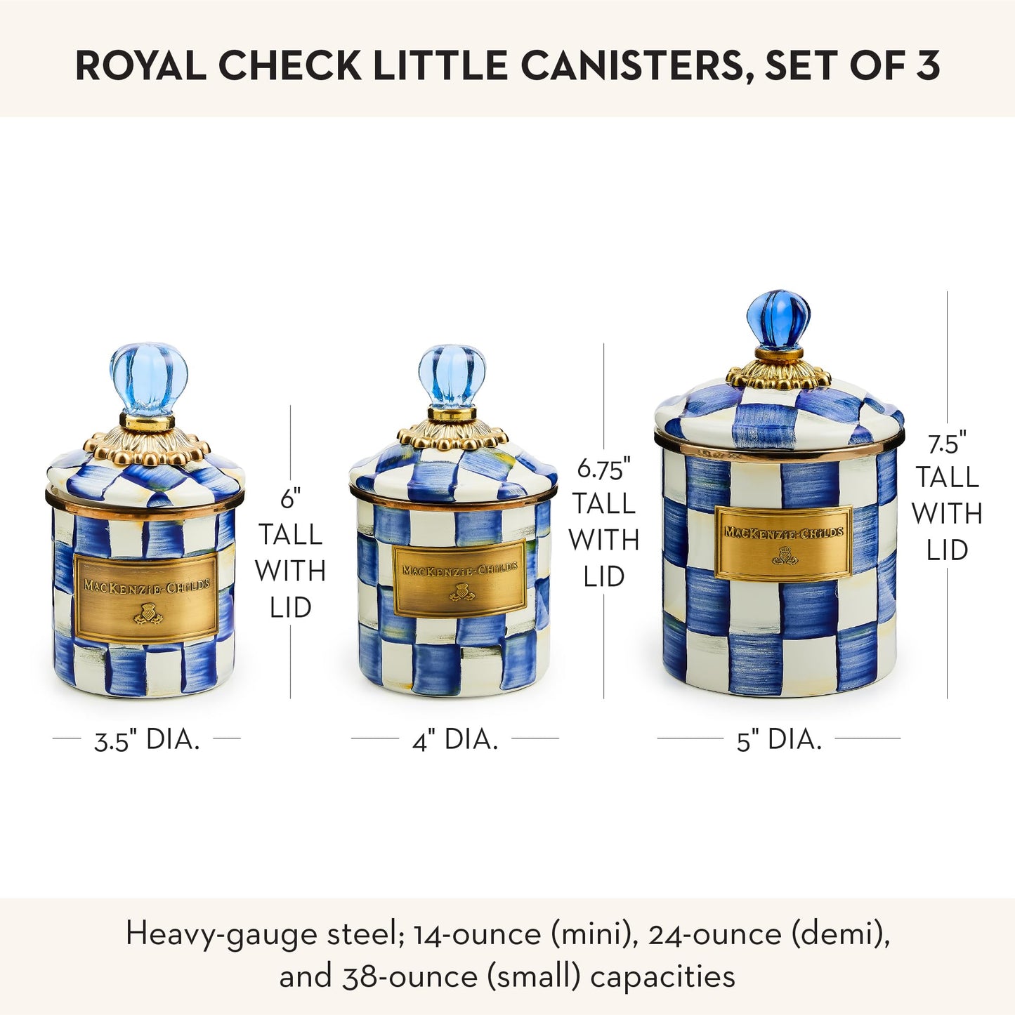 MACKENZIE-CHILDS Enamel Canister Set, Mini (14 oz.), Demi (24 oz.), and Small (38 oz.) Kitchen Containers, Blue-and-White Royal Check