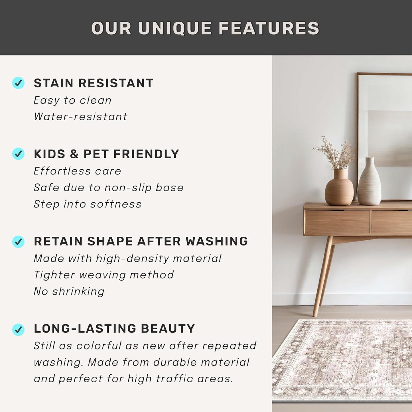 Skiennix Washable Area Rug - Large 8x10 Boho Vintage Floral Design | Non-Slip & Stain Resistant (Beige/Latte)